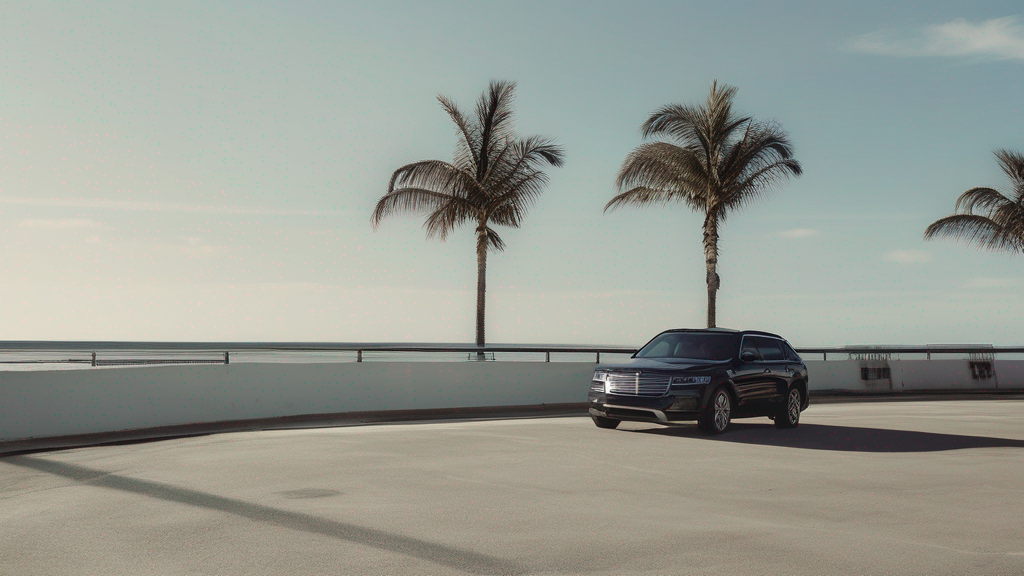 a car parked in a parking lot with palm trees nearby,calm seas and skies..png